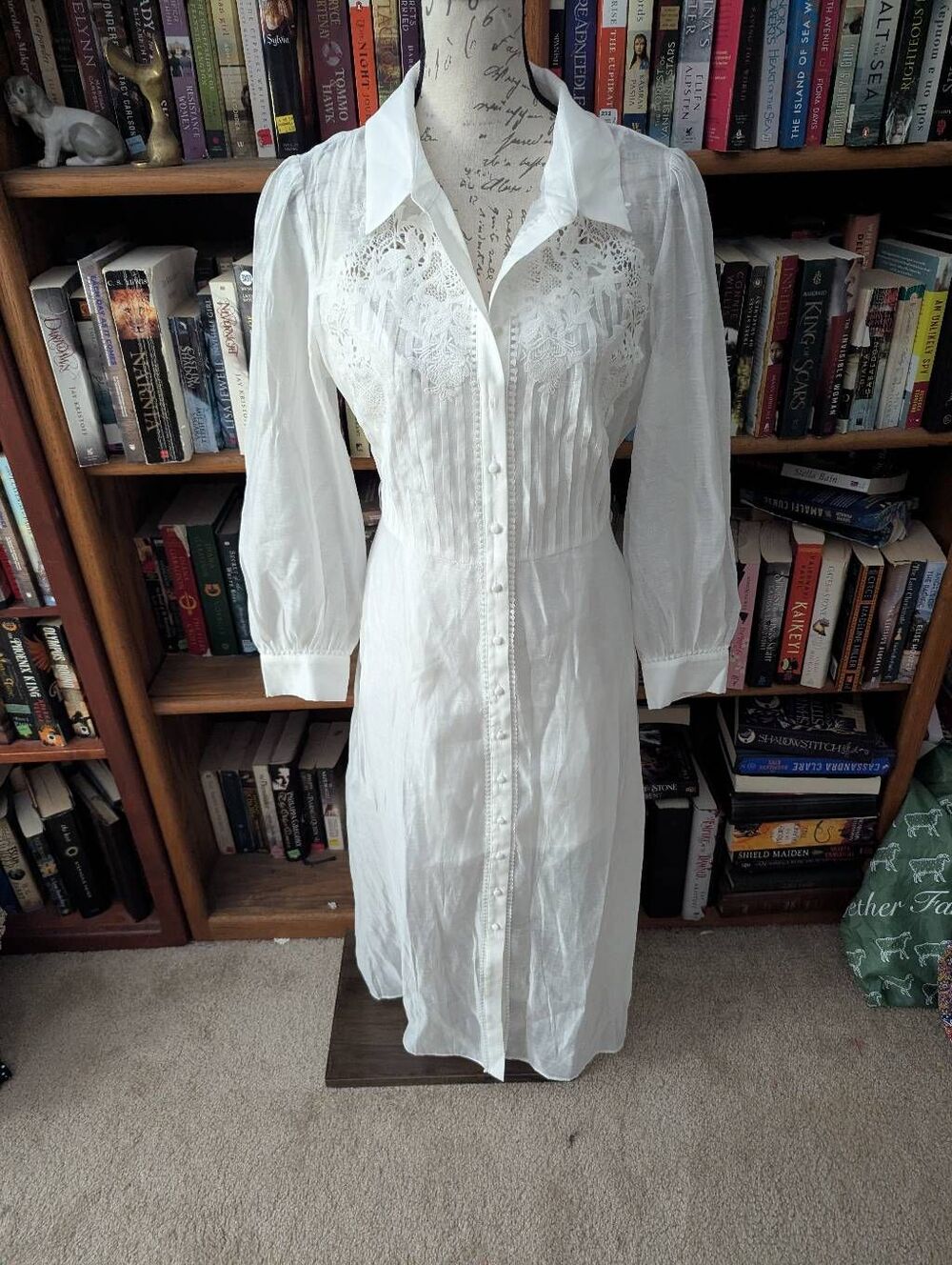 NWT Forever New White Lace Panel Button Front Long Sleeve Midi Dress Size 10